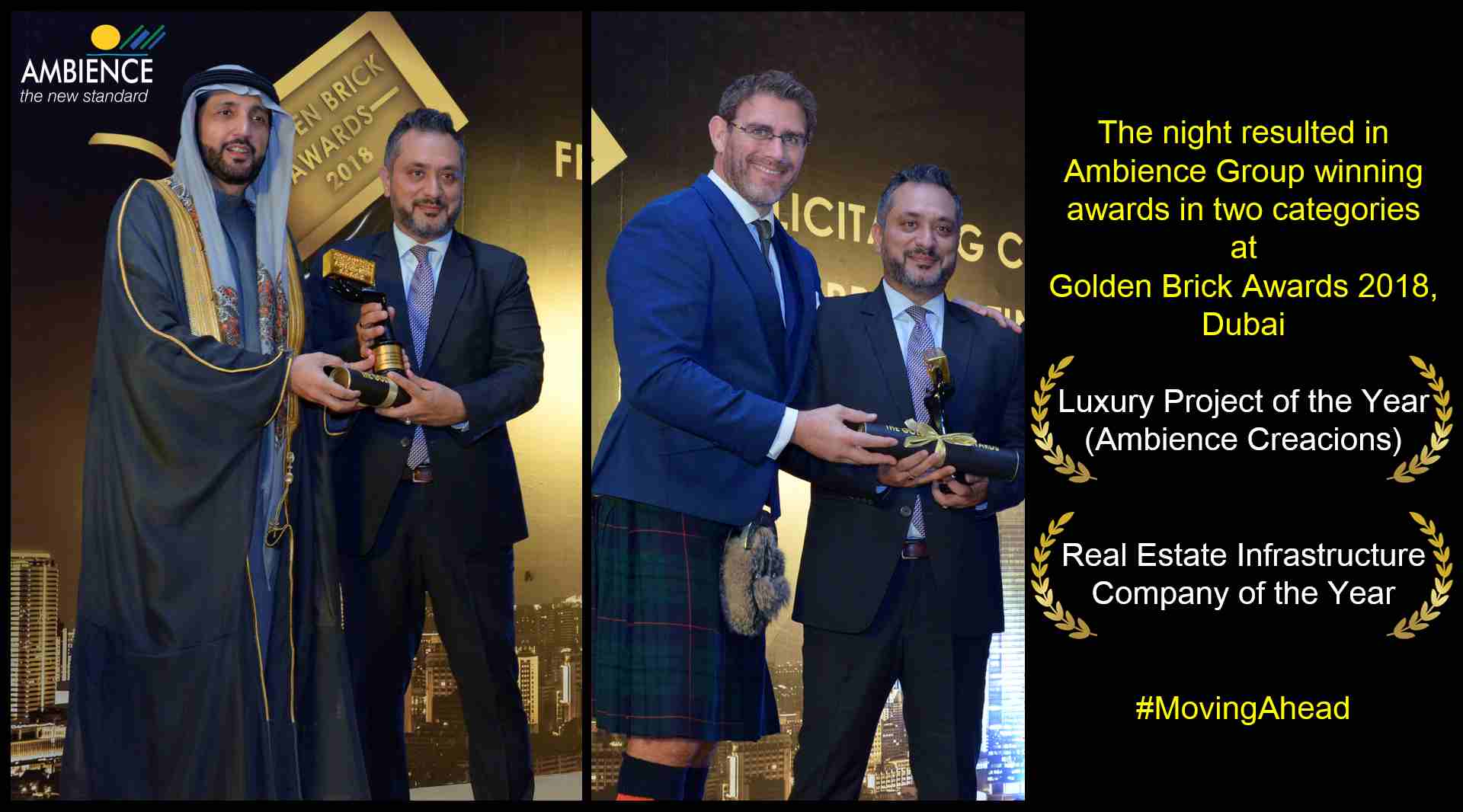 Ambience Group won 2 awards at Golden Brick Awards 2018, Dubai